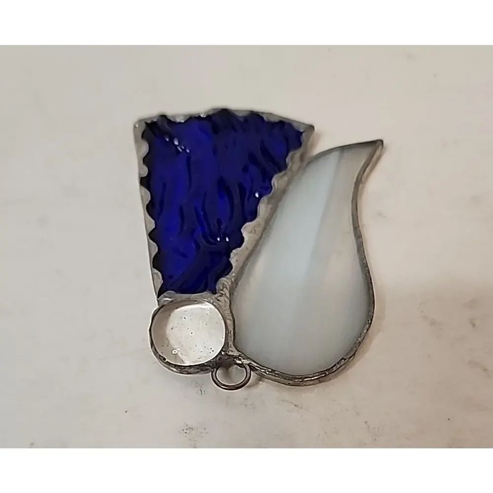 Stain Glass Angel Ornament Blue Textured Glass Body White Glass Wings 3.5”T